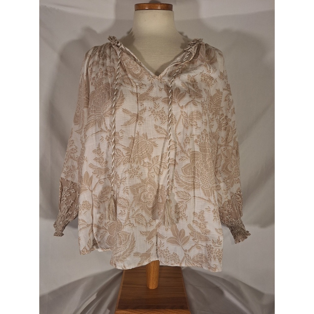 Liverpool Los Angeles Beige‎ White Floral Blouse 1X Long Sleeve Top
